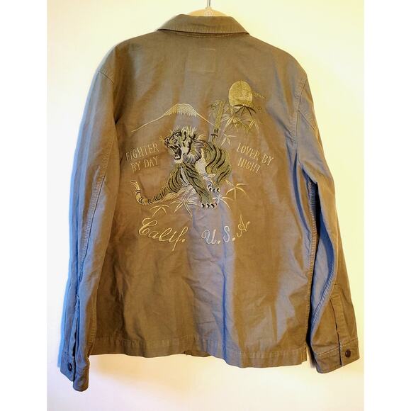 LUCKY BRAND Mens Embroidered Jacket Tiger Military Green Snap Front Pockets - Picture 1 of 16